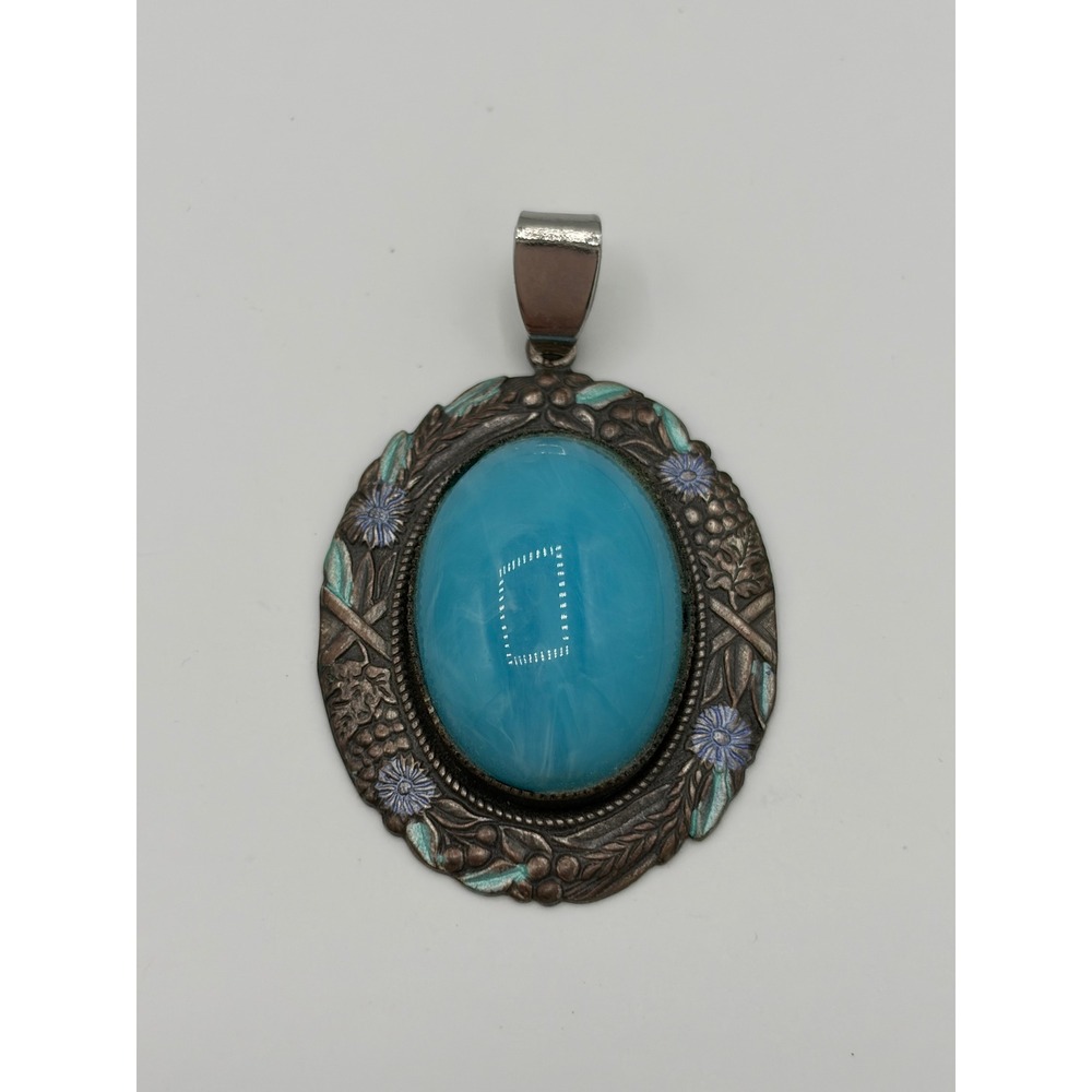 Vintage Oval Turquoise Enamel Floral Silver Tone Pendant Cabochon Boho Charm